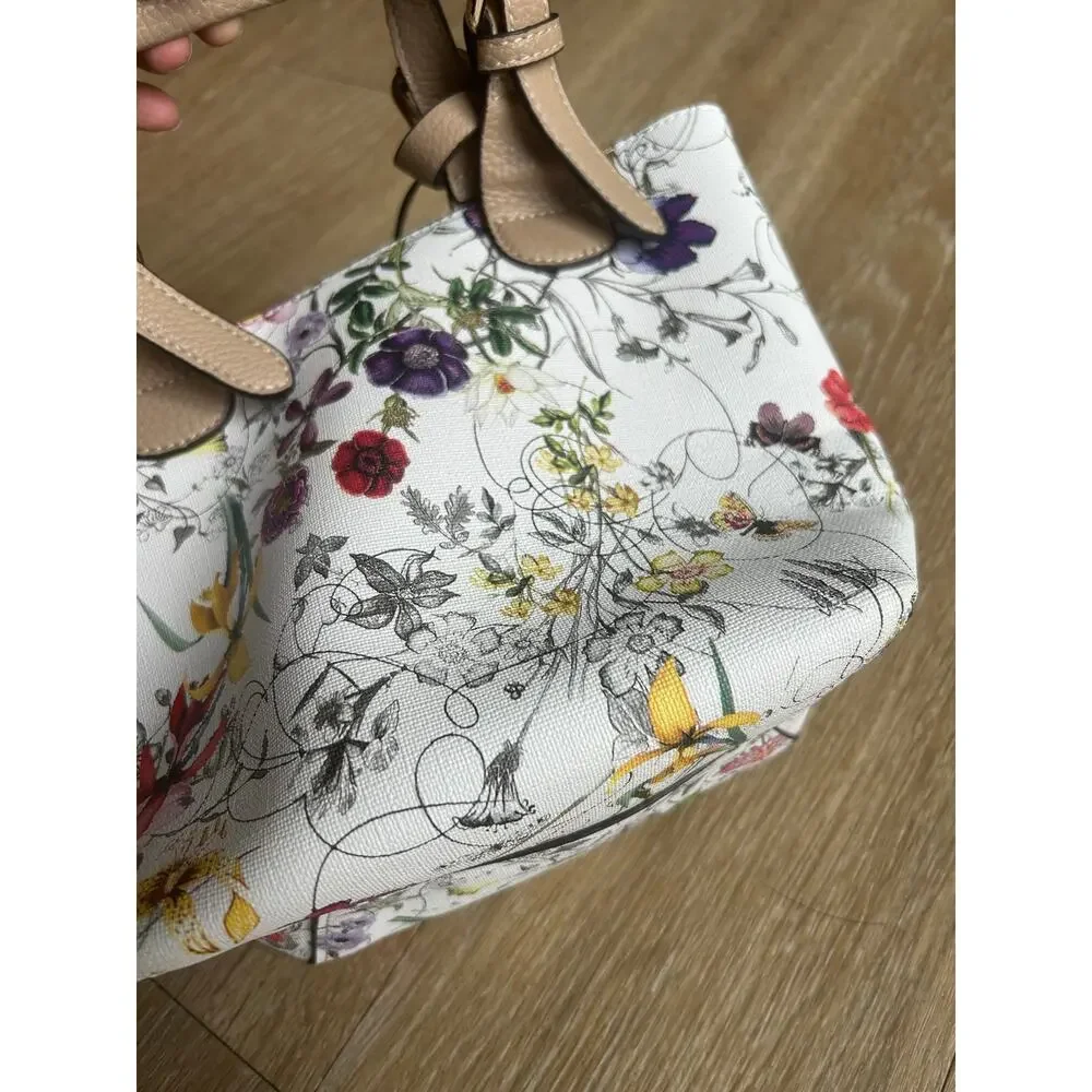 Floral Mini Tote Bag Satchel Purse Botanical Flower Pattern Top Handle Cream Tan